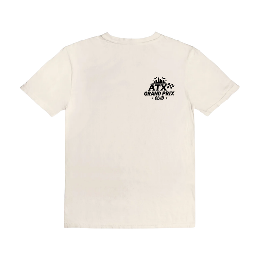 Beige t-shirt with black logo on a white background