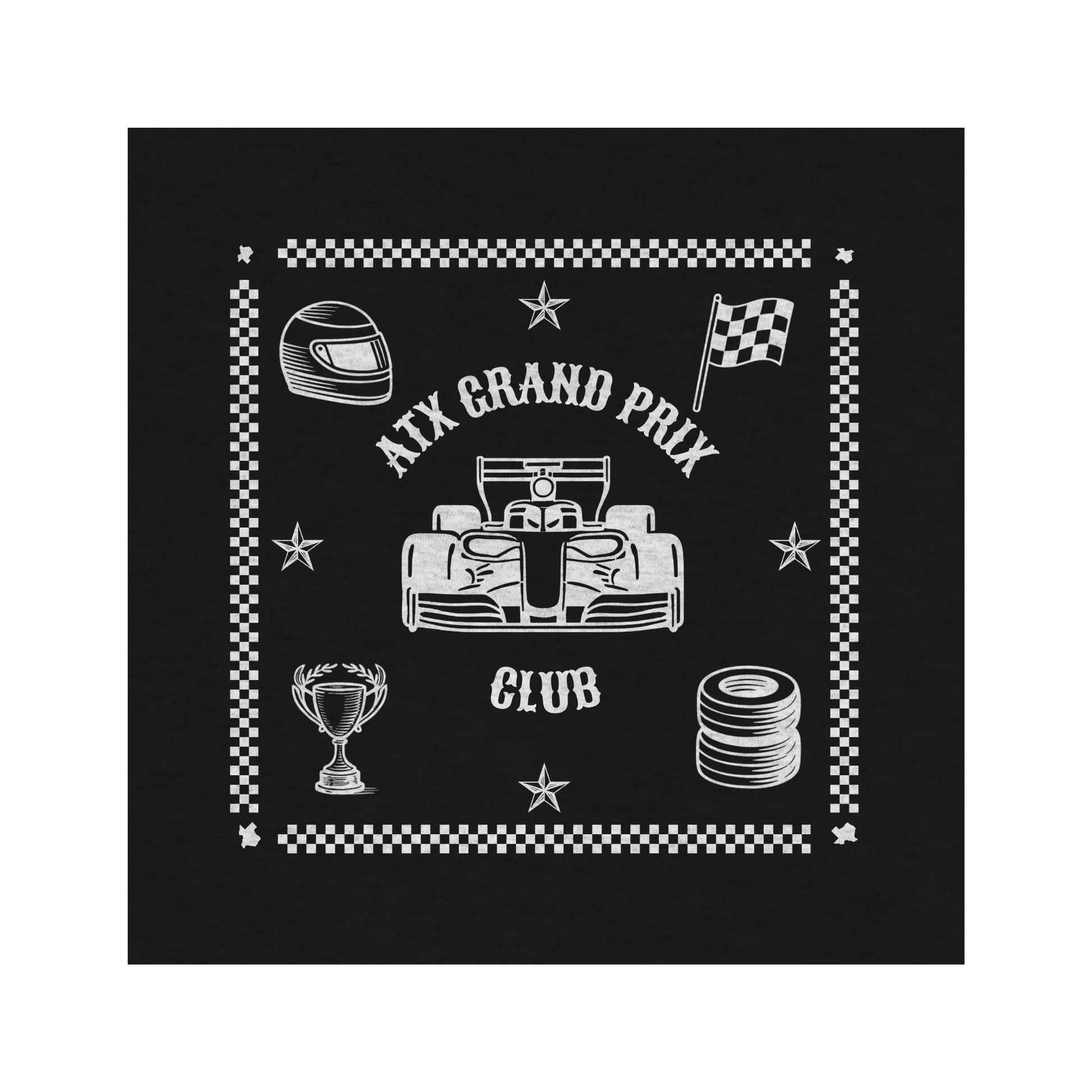 Black bandana with white racing-themed design featuring a car, helmet, and flags on a black background.