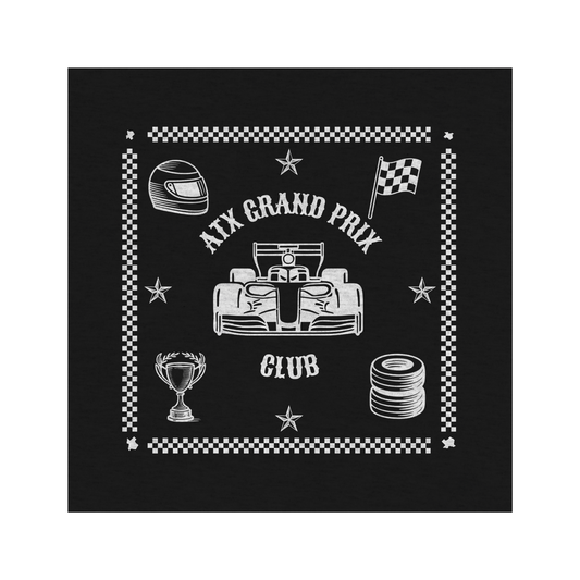 Black bandana with white racing-themed design featuring a car, helmet, and flags on a black background.