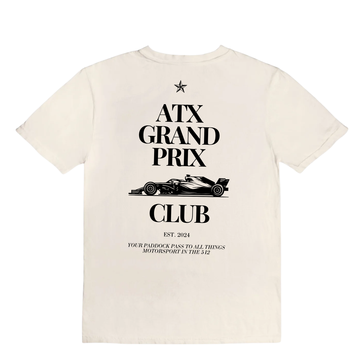 Beige t-shirt with black text and race car graphic on a white background
