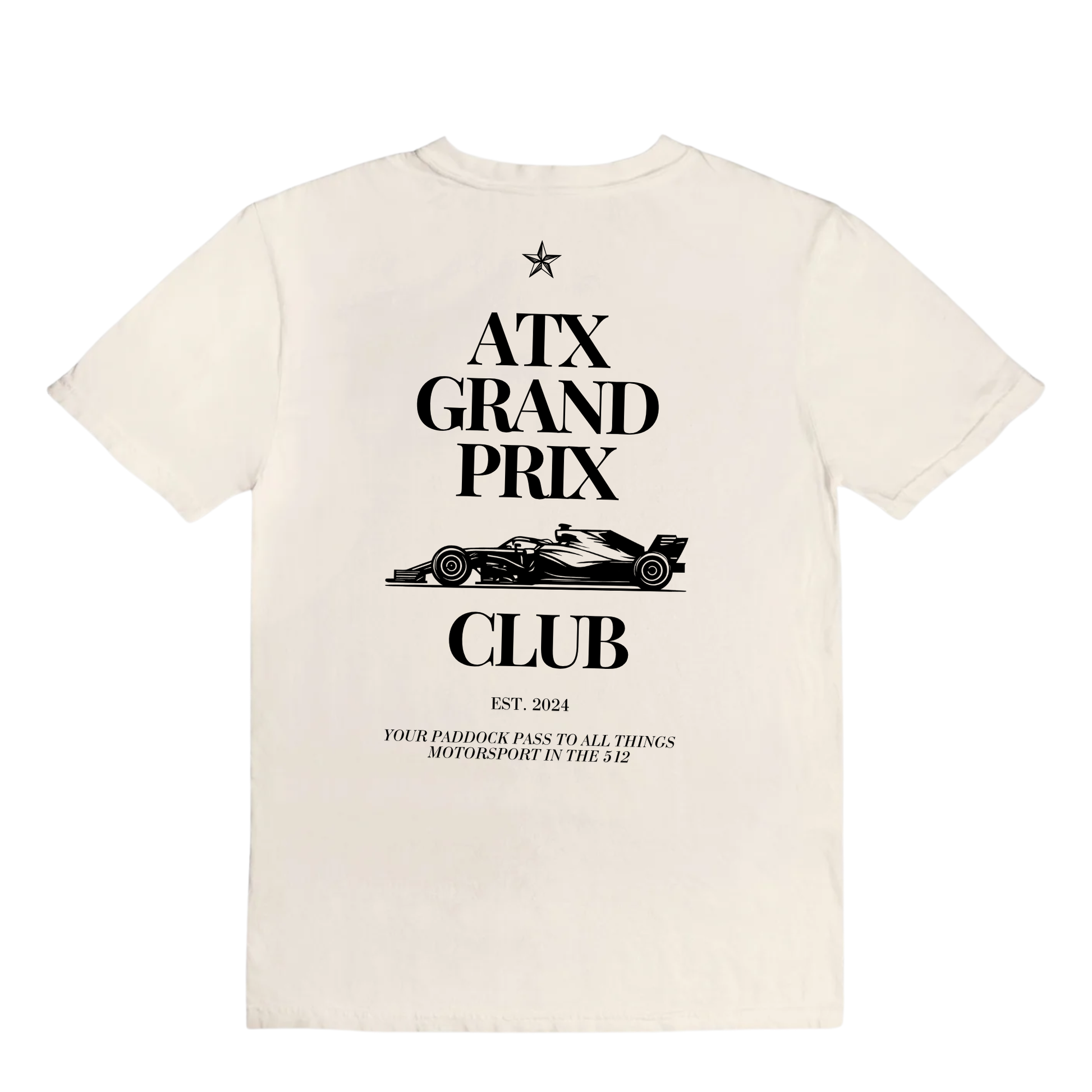 Beige t-shirt with black text and race car graphic on a white background