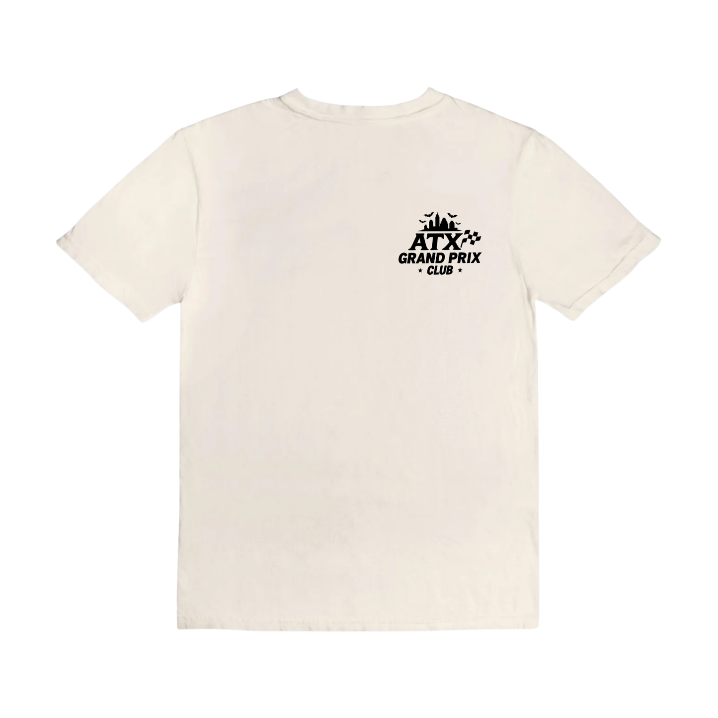 Beige t-shirt with black logo on a white background