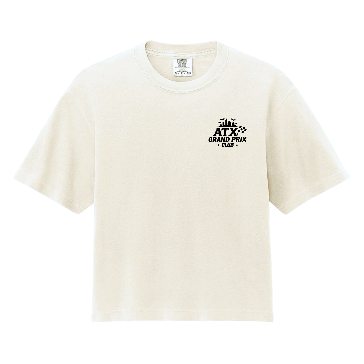 Beige t-shirt with black text and logo on a white background